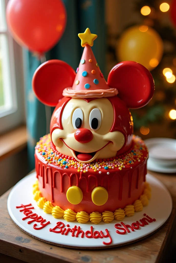 Un gâteau en forme de mickey inscrit Happy birthday shouni