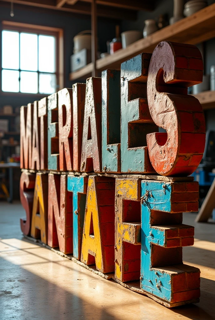 A sign that says MATERIALES SANTA FE with letters made from hardware store materials.
For example, the M could be half bricks and the other half normal, and so on with the other letters. 