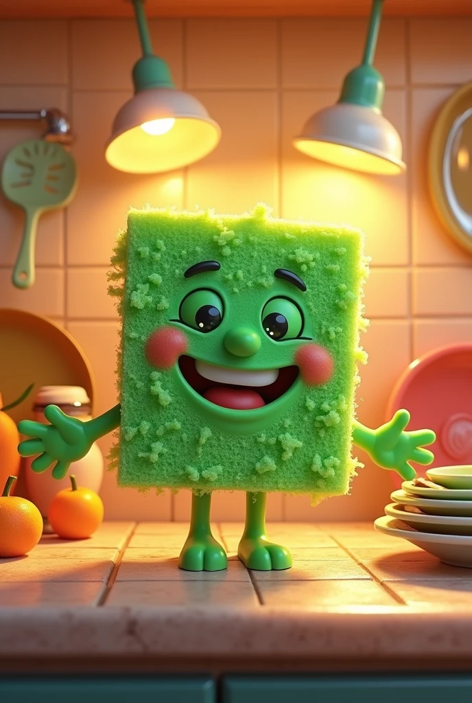 Create a drawing of a green and yellow kitchen sponge smiling
