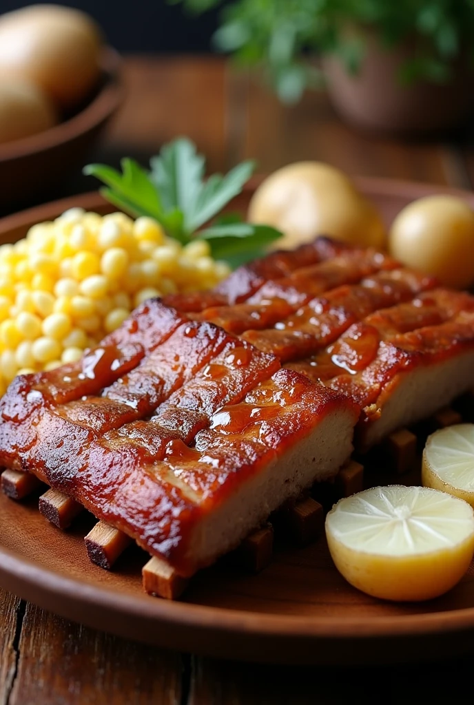 Steamed pork ribs food, cut into large squares , with their bones, without sauces on top, with white shelled corn , boiled peeled potato cut in half.
All these ingredients served on the same plate