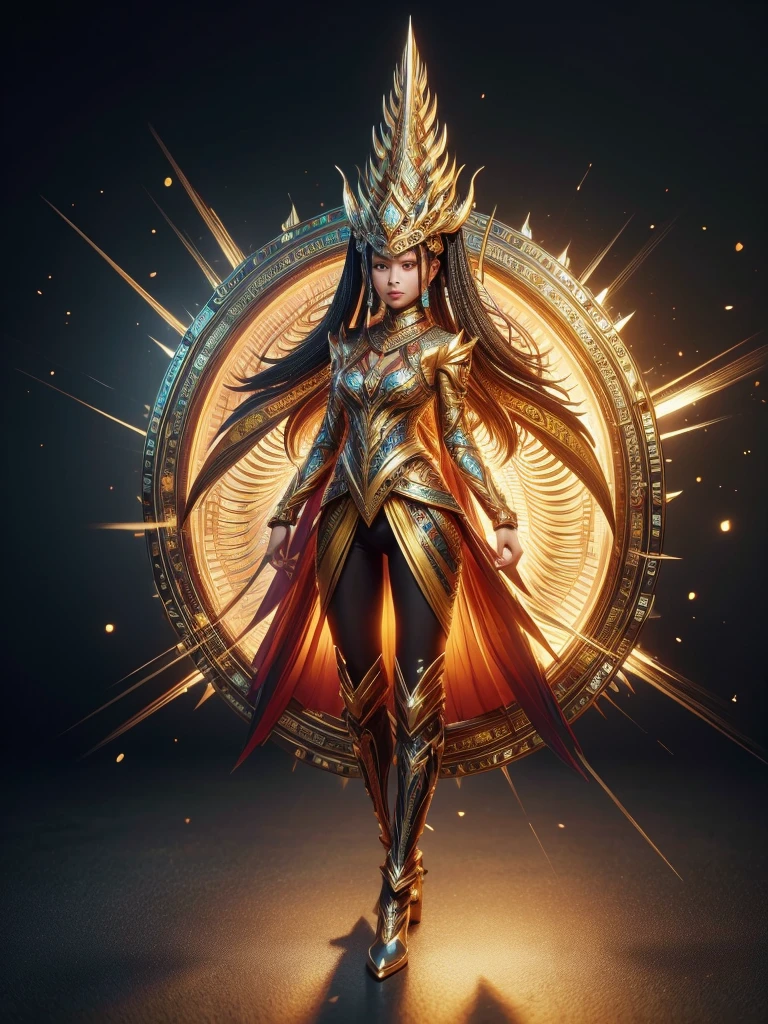 An Indonesian-styled sexy futuristic suit without pants worn by a beautiful age girl with crown on the head. depicting cultural fusion and modern fashion. The suit is adorned with intricate patterns and dominant by a yellow colors, showcasing the rich heritage of Indonesia. The girl stands confidently with her detailed eyes reflecting determination. The suit's material is a combination of traditional textiles, yellow topaz stone, and futuristic synthetic fabrics, giving it a unique and avant-garde appearance. The overall image quality is of the highest standard, with sharp focus and ultra-detailed rendering. The artwork employs physically-based rendering techniques, resulting in realistic lighting and shadows. The colors are vivid and vibrant, capturing the essence of Indonesian cultural aesthetics. The background features a fusion of modern architecture and traditional elements, creating a harmonious blend of the past and the future. The prompt explores the intersection of Indonesian culture, futuristic design, and the artistic representation of a confident girl