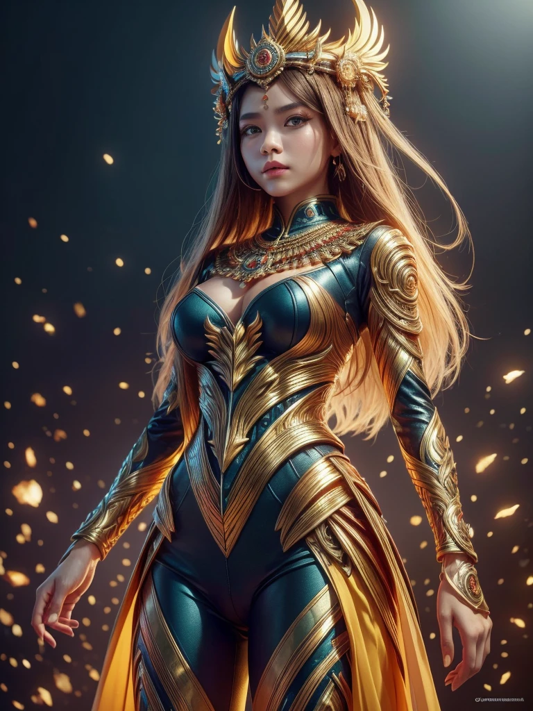 An Indonesian-styled sexy futuristic suit without pants worn by a beautiful age girl with crown on the head. depicting cultural fusion and modern fashion. The suit is adorned with intricate patterns and dominant by a yellow colors, showcasing the rich heritage of Indonesia. The girl stands confidently with her detailed eyes reflecting determination. The suit's material is a combination of traditional textiles, yellow topaz stone, and futuristic synthetic fabrics, giving it a unique and avant-garde appearance. The overall image quality is of the highest standard, with sharp focus and ultra-detailed rendering. The artwork employs physically-based rendering techniques, resulting in realistic lighting and shadows. The colors are vivid and vibrant, capturing the essence of Indonesian cultural aesthetics. The background features a fusion of modern architecture and traditional elements, creating a harmonious blend of the past and the future. The prompt explores the intersection of Indonesian culture, futuristic design, and the artistic representation of a confident girl