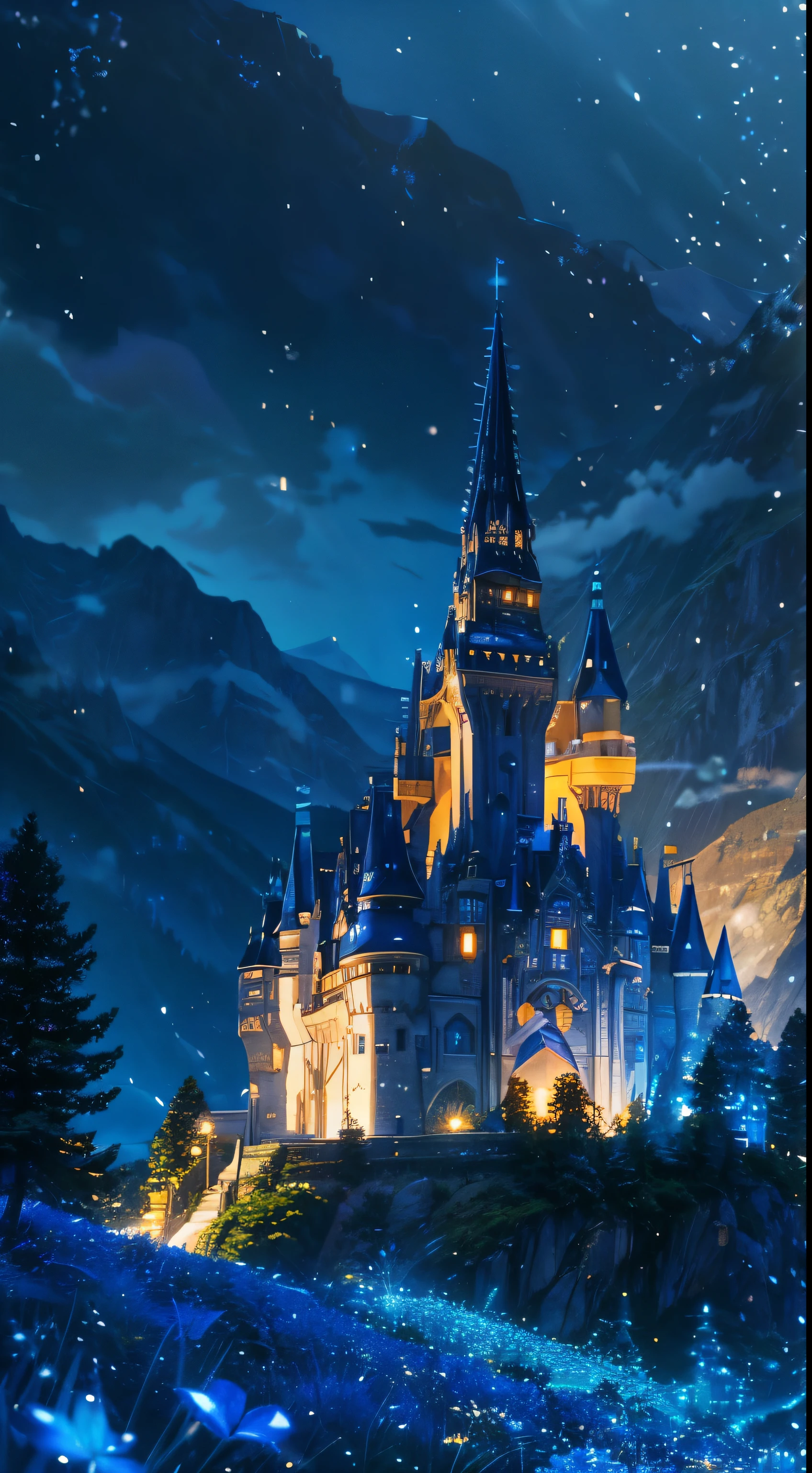 anime inspired castle in the alps with bright blue glass like sky shinning twinkling sparkling effect(bokeh effect) (fireflies)