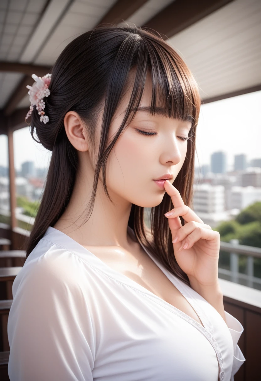 8k, raw photo, best quality, masterpiece, realistic, photo realistic, clear, professional lighting, beautiful face, best quality,ultra high res, realistic japanese beautiful, Super detailed, detailed fingers, solo,  1girl,  bangs, shiny hair, detailed hair, medium breasts, curvy, scenery,  casual wear, tokyo town, incoming kiss,closed eyes