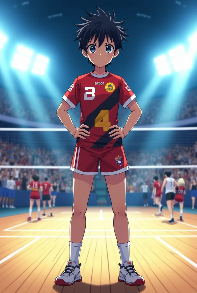 I need an anime character from the anime Kaikyū!! that is small/Male with short hair, black eyes, wearing a volleyball uniform and measuring 1.78