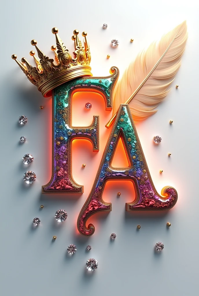 A mesmerizing 3D digital art masterpiece that captivates the viewer with its intricate design. The name,,F.A,, is prominently displayed in a striking font, adorned with a luxurious golden crown. A flowing feather gracefully follows behind, adding to the design's visual appeal. The name glows in vibrant colors such as gold, red, deep blue, pink, green, and purple, enhancing its breathtaking beauty. Warm silver lighting illuminates the design, creating depth and dimension, and delicate diamonds are strategically placed for added glamour. The pristine white background highlights the name, transforming the design into a truly fascinating piece. With its cinematicposter-like quality, this extraordinary work of art masterfully blends elements of dark fantasy, and 3D rendering, typography, and 3D rendering., architecture, typography