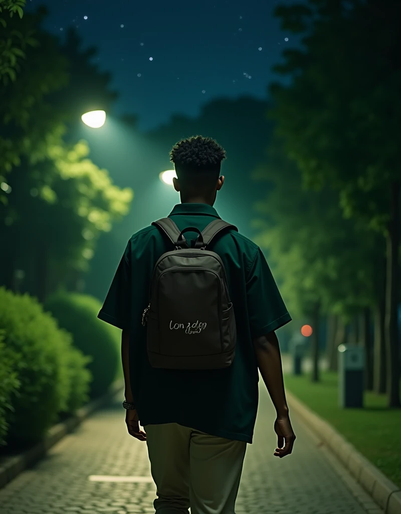 Adult male with short corkscrew hair, walking with their back to the camera wearing a dark green oversized tailored shirt, Beige pants. At night with everything dark green and a backpack held only by one shoulder, dark brown and say Yona Jpr