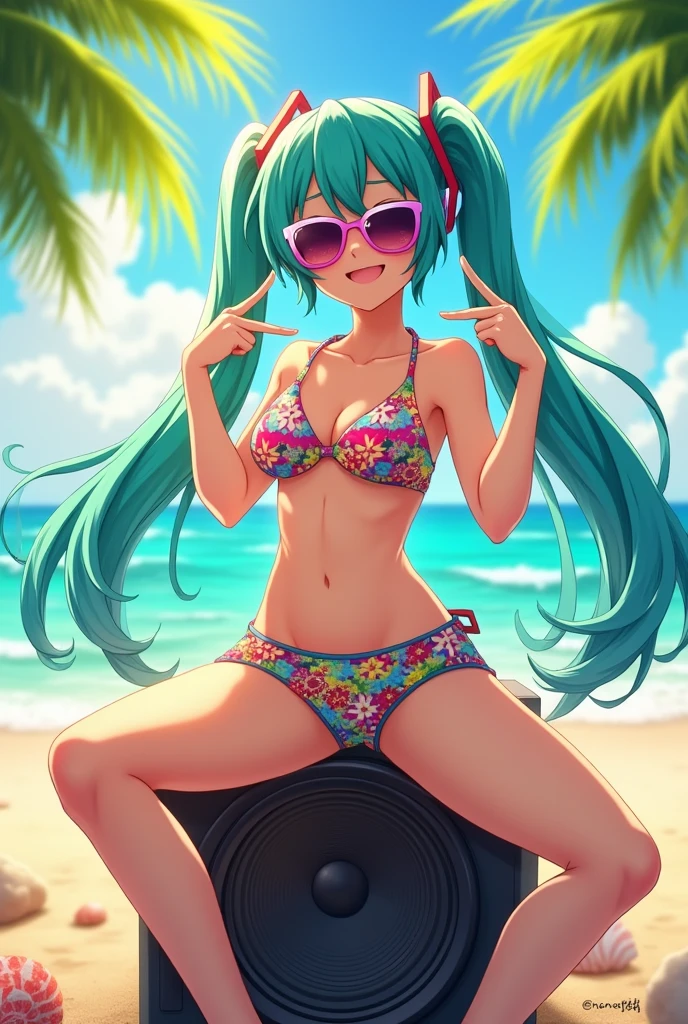 hatsune miku with a Brazilian top and short shorts and wearing beach sunglasses, and this pointing to her outfit
sitting on a speaker