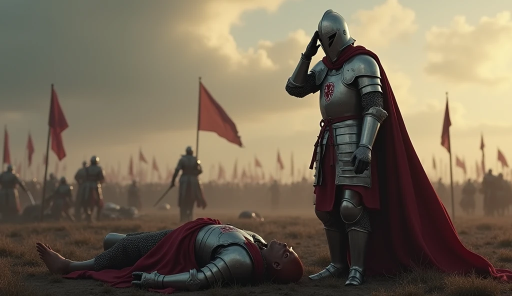 A highly realistic, high-contrast, 8K HD, detailed, hyper-detailed image. Tono, a knight clad in full armor with a lion emblem on his chest, lies defeated on the battlefield. Tono is wearing a helmet and is lying on the ground, with a small pool of blood forming around him from his wounds. Around him, other knights continue to fight, with the battle still raging on. The image captures the tension and chaos of the battlefield, focusing on Tono's fallen form, vividly portraying the intensity of the combat. The image is of the highest quality, with ultra-high resolution, RAW photo quality, and Unreal Engine rendering, depicting the tragic and harsh moment of Tono's defeat in vivid detail.