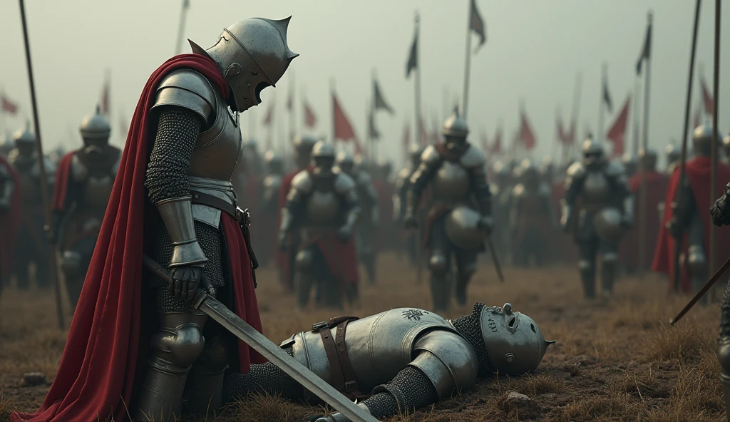 A highly realistic, high-contrast, 8K HD, detailed, hyper-detailed image of a medieval knight standing on a battlefield, saluting a fallen comrade with deep respect. The knight, clad in steel armor with a lion emblem on his tunic and helmet fully covering his face, stands solemnly beside the body of his fallen companion. The battlefield around them is strewn with the remnants of combat, but the focus is on the knight as he pays his respects. The atmosphere is somber and poignant, capturing the honor and camaraderie shared among the knights. The image is of the highest quality, with ultra-high resolution, RAW photo quality, and Unreal Engine rendering, showcasing the profound moment of tribute and the unspoken bond between the knight and his fallen brother, both bearing the lion emblem on their armor.
