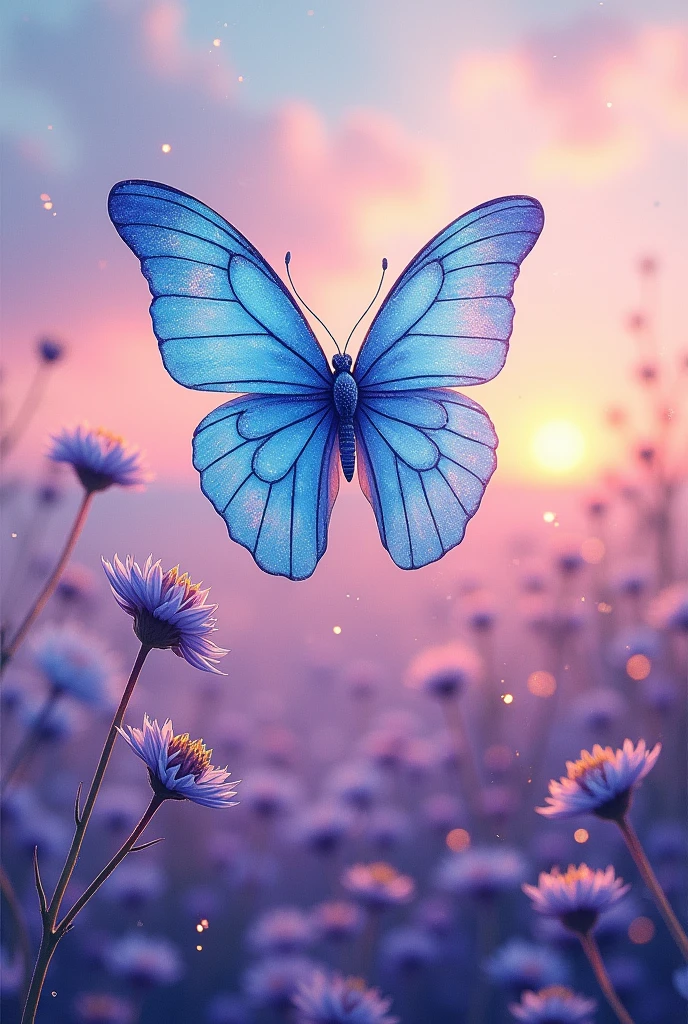 Give me an aesthetic image of a very beautiful sky blue watercolor butterfly that is shiny and sparkling flying in a beautiful, unique aesthetic landscape, unique aesthetic, unique aesthetic 