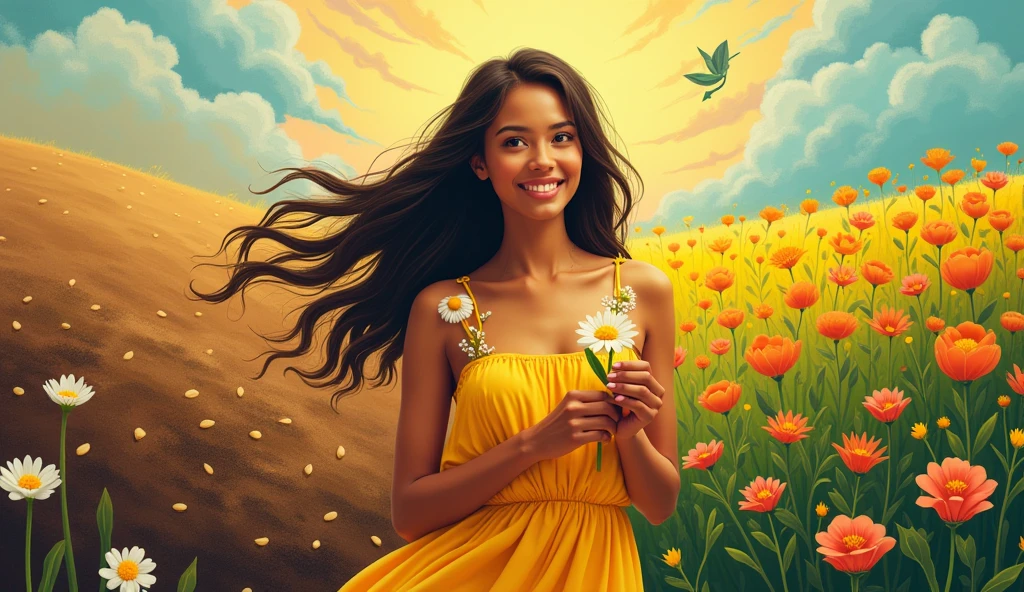 **Thumbnail Prompt:** - **Main Visual:** Maya is hot and beautiful girl she is 25 years old, the main character, is shown in the center wearing her bright yellow dress with small white flowers. She is holding a small blooming flower in her hand, with a gentle, hopeful smile on her face. - **Background:** The background is split into two parts: - On one side, you see a barren patch of soil with tiny seeds underground (symbolizing her earlier unnoticed efforts). - On the other side, you see a colorful, blooming garden with vibrant flowers (symbolizing the results of her persistence). - **Text:** Add a large, bold title that reads, "From Seed to Bloom," in easy-to-read, contrasting colors. You can place the text at the top or bottom of the thumbnail, whichever looks more balanced. - **Color Scheme:** Use bright and contrasting colors like yellow, green, and white to make the thumbnail pop. The garden side of the thumbnail should be more vibrant, with lots of greens and colorful flowers. - **Additional Elements:** Include a small icon of a growing plant or flower on the thumbnail, representing growth and progress. This thumbnail should visually convey the transformation and growth theme, making it appealing and clickable for viewers interested in motivational content., anime
SeaArt Bot
Txt2Img
Studio
22:58:27
**Thumbnail Prompt:** - **Main Visual:** Maya she is 25 years old, the main character, is shown in the center wearing her bright yellow dress with small white flowers. She is holding a small blooming flower in her hand, with a gentle, hopeful smile on her face. - **Background:** The background is split into two parts: - On one side, you see a barren patch of soil with tiny seeds underground (symbolizing her earlier unnoticed efforts). - On the other side, you see a colorful, blooming garden with vibrant flowers (symbolizing the results of her persistence). - **Text:** Add a large, bold title that reads, "From Seed to Bloom," in easy-to-read, contrasting colors. Yo