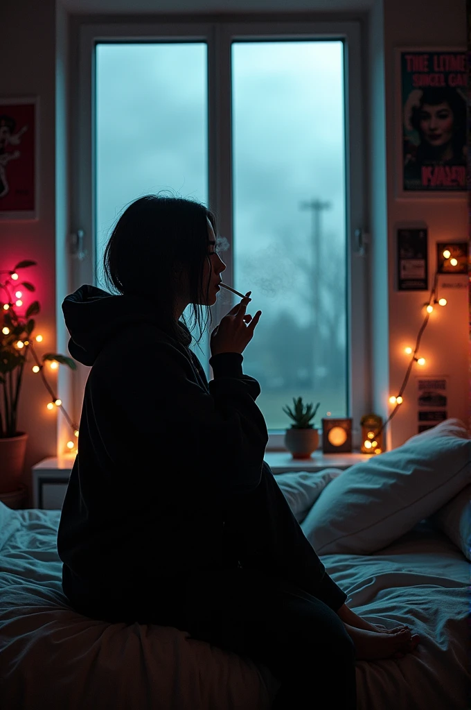 Mysterious girl in baggy balck clothes, joggers smoking in her room
The room should be astheticaly decorated.
Girl is s.oking and lookin outside of the winddow where its a rainy weather but not actually raining