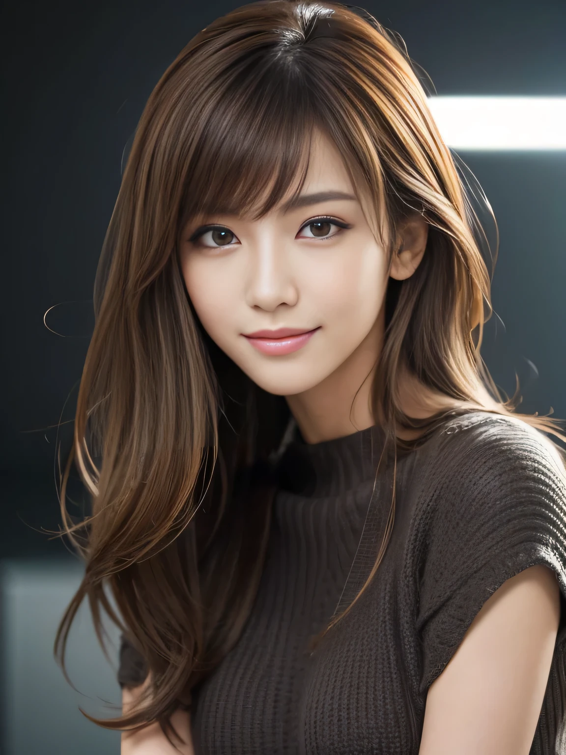 masterpiece, best quality, ultra-detailed, intricately detailed hyperdetailed, realistic, sharp features, highly detailed, sharp focus, Realistic, Photorealistic:1.3, (:1.5), perfect face, perfect symmetrically eyes, perfect full lips, hyper detailed, hyper realistic, high resolution, Fashion Model, Japanese Idol, Slender, brown hair, Stylish, model poses, Beautiful Face, light brown hair, messy hair, asymmetrical bangs, (seductive smile:1.2), (looking at viewer), cinematic lighting, grey background, (Black knit:1.2), portrait

