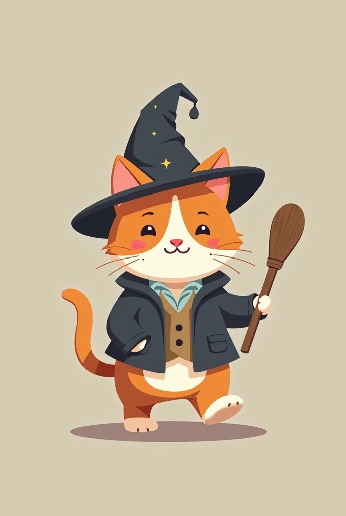 Simple and cute cartoon character illustrations, Cute chibi-style cat that walks on two legs,The majority of the background is a single color, Cat is wearing a slightly oversized wizard's hat, A design that evokes a sense of familiarity and trustworthiness,Wearing the clothes of a magic school teacher