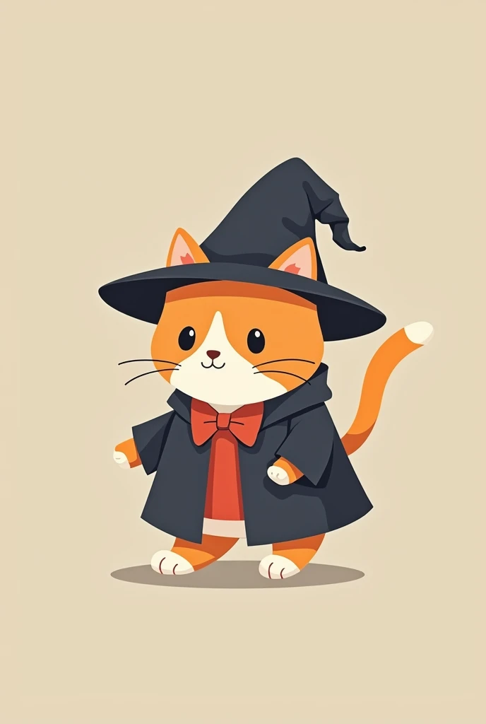 Simple and cute cartoon character illustrations, Cute chibi-style cat that walks on two legs,The majority of the background is a single color, Cat is wearing a slightly oversized wizard's hat, A design that evokes a sense of familiarity and trustworthiness,Wearing the clothes of a magic school teacher