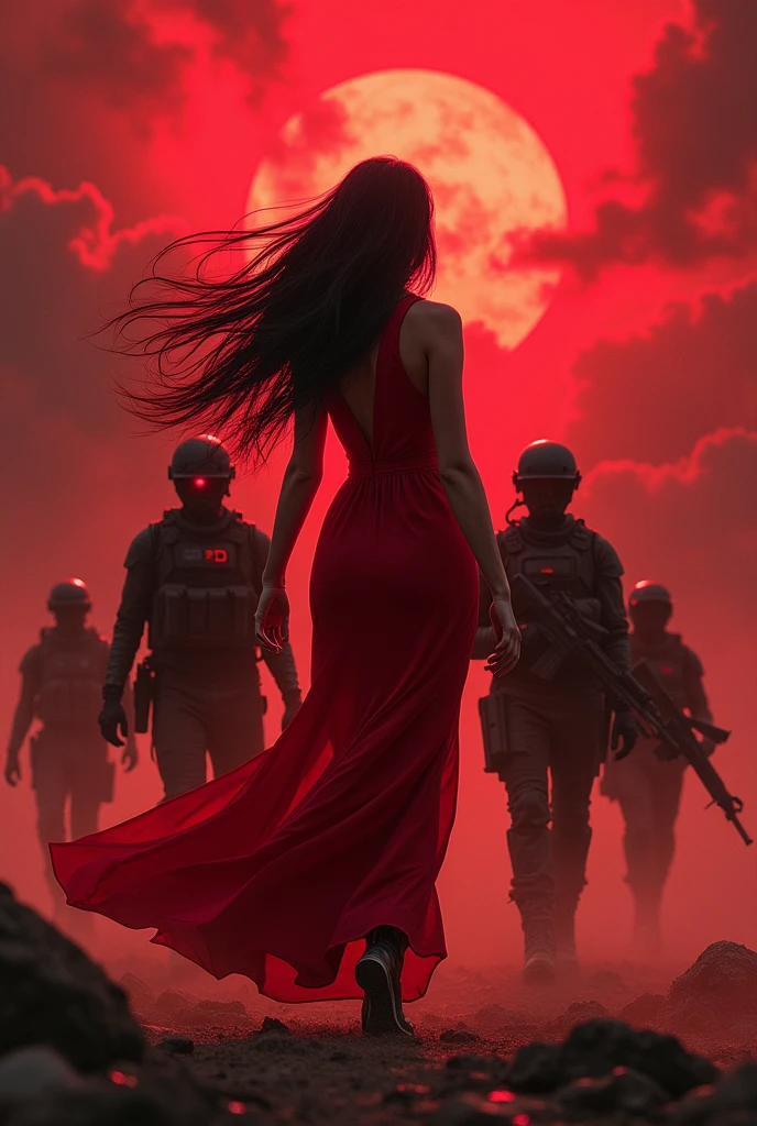 short in red dress with tall black hair is controlling replica operatives wearing tactical gear holding assault rifles. Her eyes glow red and the sky is chaotic red.