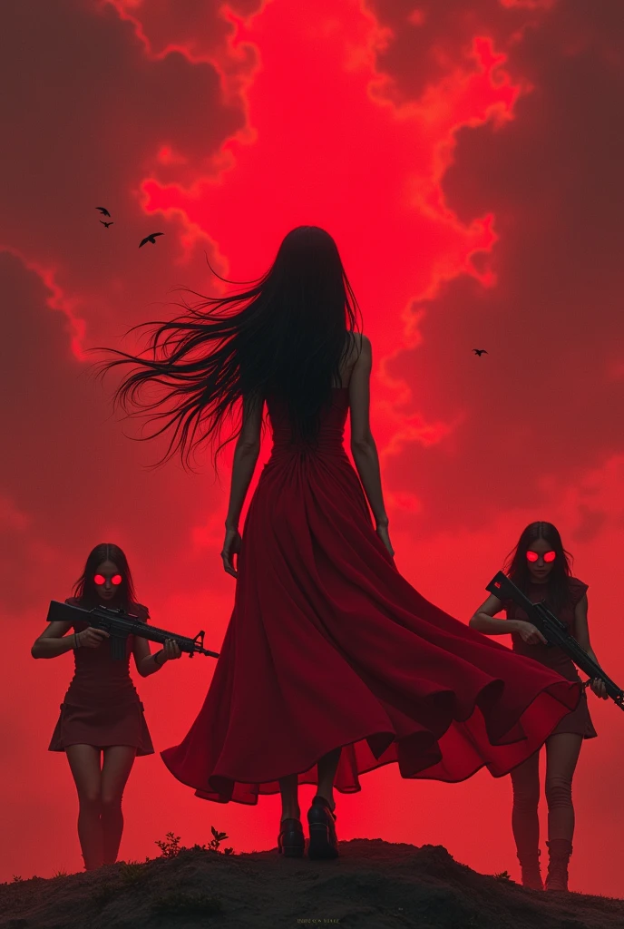 short  in red dress with tall black hair is controlling replica operatives wearing tactical gear holding assault rifles. Her eyes glow red and the sky is chaotic red.