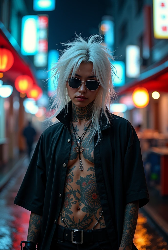 person with white hair courses, Yakuza tattoos, and sunglasses