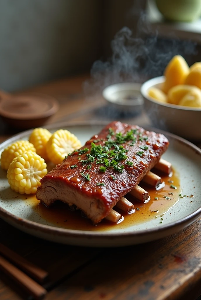 Steamed pork ribs food, cut into large squares , with their bones, without sauces on top, with white shelled corn , boiled peeled potato cut in half. Without lemon.
All these ingredients served on the same plate
