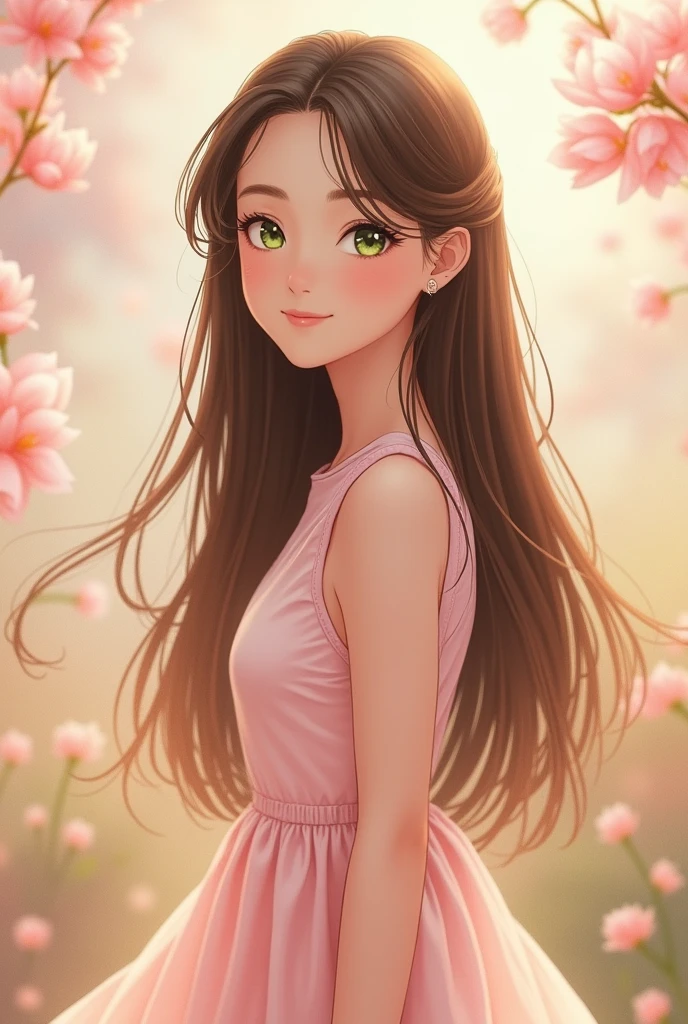 Create a realistic image of a 19-year-old girl with a modest, flowing dress without cleavage, in a light pink color. The girl's hair should be straight at the root, 1 meter long, brown in color, and fine hair with no volume at the root. Only the ends should be slightly wavy. The girl's eyes are green, with brown eyebrows that are not too heavily drawn, those eyebrows that don't have many hairs in the middle and are slightly raised, a little thin. She's smiling, with a slightly round face shape, and light brown skin. 
