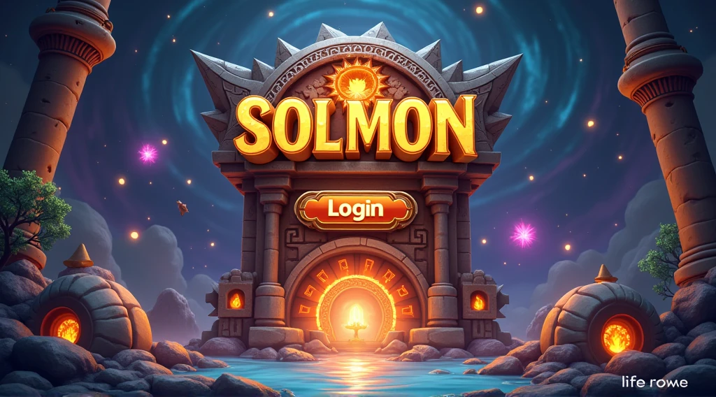 Design a visually engaging and immersive login menu for the SOLMON game, using a 3D stylized art style with a medieval elemental theme. The menu should be set within a mystical, ancient environment that reflects the game's elemental themes. The background should feature a swirling galaxy with hints of elemental energies—glowing embers, shimmering water, and vibrant earth tones—intertwined with ancient, weathered stone textures and runic symbols, creating a visually captivating scene.

At the center of the screen, place the SOLMON logo prominently, with the text rendered in a rich, gold color that exudes a sense of power and ancient wisdom. The logo should have a glowing, animated effect, reminiscent of a legendary artifact. Below the logo, include input fields for the username and password, designed with a medieval interface featuring stone-carved edges and subtle elemental accents.

Add a 'Login' button that stands out with a glowing aura, surrounded by ancient runes that pulse with energy, inviting the player to enter the game world. The button should have a metallic finish, giving it the appearance of a well-forged, enchanted item.

In the corners or subtly integrated into the background, include small, animated icons representing the different elemental creatures from the SOLMON universe. These icons should have a stylized, medieval look, with each representing fire, water, earth, and air elements in a way that adds to the overall theme without distracting from the central focus of the login menu.

Ensure the design is intuitive, user-friendly, and visually striking, creating an exciting and epic first impression that sets the tone for the SOLMON gaming experience