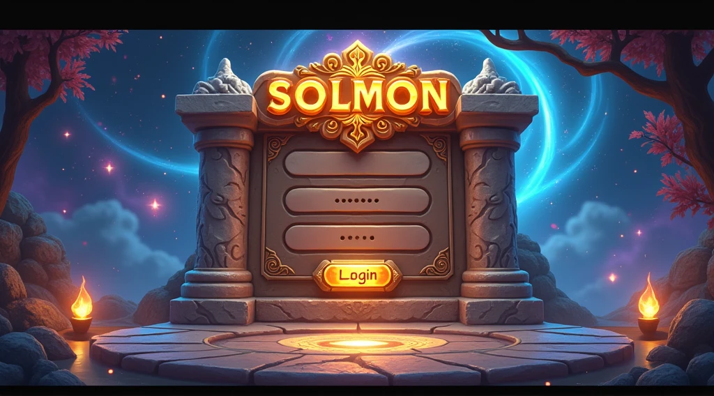 Design a visually engaging and immersive login menu for the SOLMON game, using a 3D stylized art style with a medieval elemental theme. The menu should be set within a mystical, ancient environment that reflects the game's elemental themes. The background should feature a swirling galaxy with hints of elemental energies—glowing embers, shimmering water, and vibrant earth tones—intertwined with ancient, weathered stone textures and runic symbols, creating a visually captivating scene.

At the center of the screen, place the SOLMON logo prominently, with the text rendered in a rich, gold color that exudes a sense of power and ancient wisdom. The logo should have a glowing, animated effect, reminiscent of a legendary artifact. Below the logo, include input fields for the username and password, designed with a medieval interface featuring stone-carved edges and subtle elemental accents.

Add a 'Login' button that stands out with a glowing aura, surrounded by ancient runes that pulse with energy, inviting the player to enter the game world. The button should have a metallic finish, giving it the appearance of a well-forged, enchanted item.

In the corners or subtly integrated into the background, include small, animated icons representing the different elemental creatures from the SOLMON universe. These icons should have a stylized, medieval look, with each representing fire, water, earth, and air elements in a way that adds to the overall theme without distracting from the central focus of the login menu.

Ensure the design is intuitive, user-friendly, and visually striking, creating an exciting and epic first impression that sets the tone for the SOLMON gaming experience