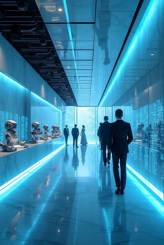 Imagine a large laboratory, glass and marble, sleek, modern, high society, blue lighting, old money, futuristic, robotics, hyperrealistic, holograms of people 