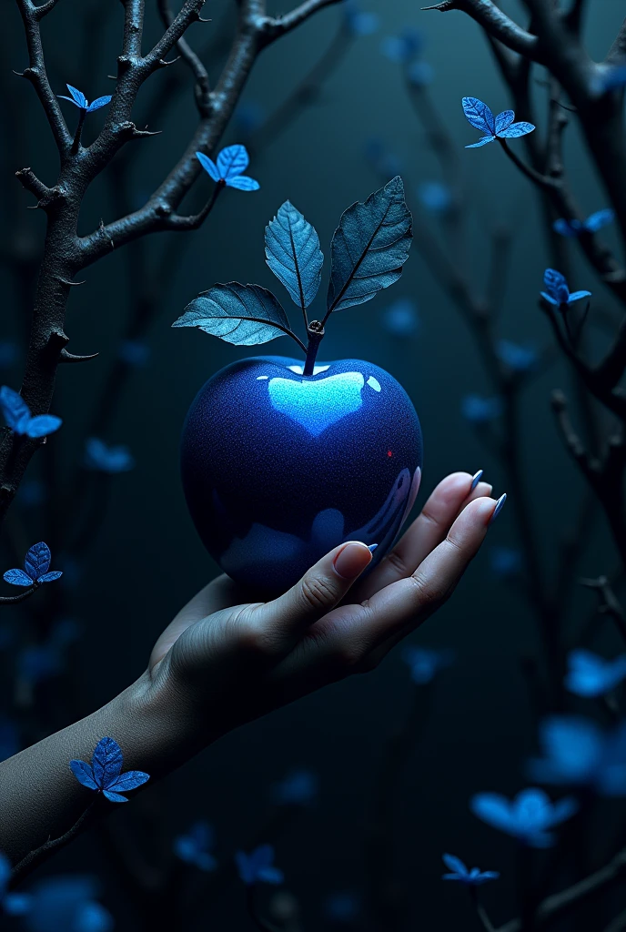 create a 3d image, a dark blue apple with a hand reaching out to grab it. a black background with thorns and branches and small blue leaves in a forest.