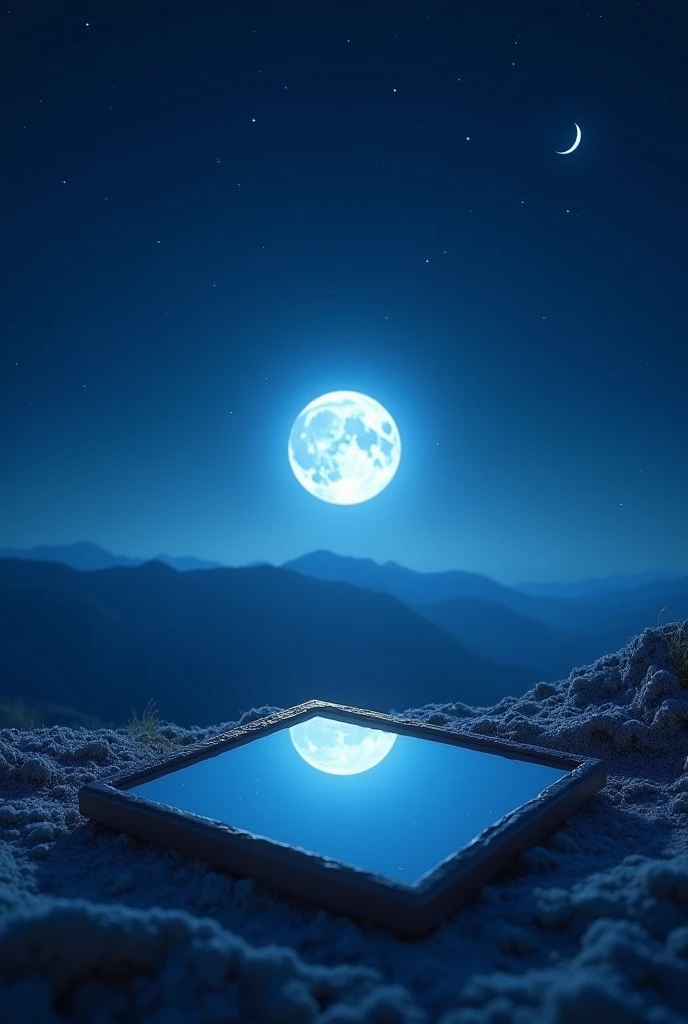 Blue night, small twinkling stars, half moon, a square mirror on side, inside the mirror a bright full moon, a full screen picture