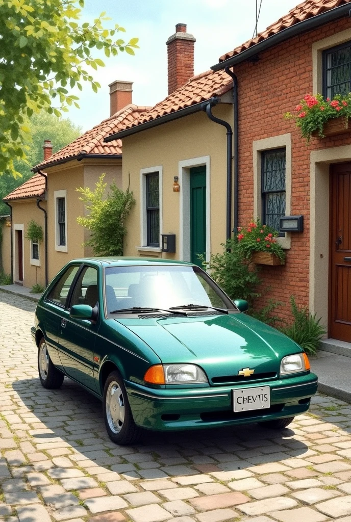 Watercolor painting of a dark green 1994 Chevrolet Chevette L, with the Chevrolet logo, parked on a cobblestone street with simple, old houses.
