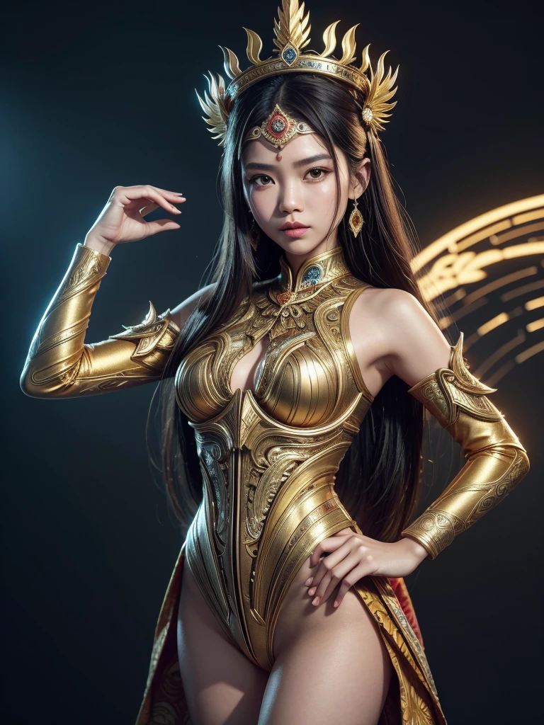 An Indonesian-styled sexy futuristic suit without pants worn by a beautiful age girl with crown on the head. depicting cultural fusion and modern fashion. The suit is adorned with intricate patterns and dominant by a yellow colors, showcasing the rich heritage of Indonesia. The girl stands confidently with her detailed eyes reflecting determination. The suit's material is a combination of traditional textiles, yellow topaz stone, and futuristic synthetic fabrics, giving it a unique and avant-garde appearance. The overall image quality is of the highest standard, with sharp focus and ultra-detailed rendering. The artwork employs physically-based rendering techniques, resulting in realistic lighting and shadows. The colors are vivid and vibrant, capturing the essence of Indonesian cultural aesthetics. The background features a fusion of modern architecture and traditional elements, creating a harmonious blend of the past and the future. The prompt explores the intersection of Indonesian culture, futuristic design, and the artistic representation of a confident girl