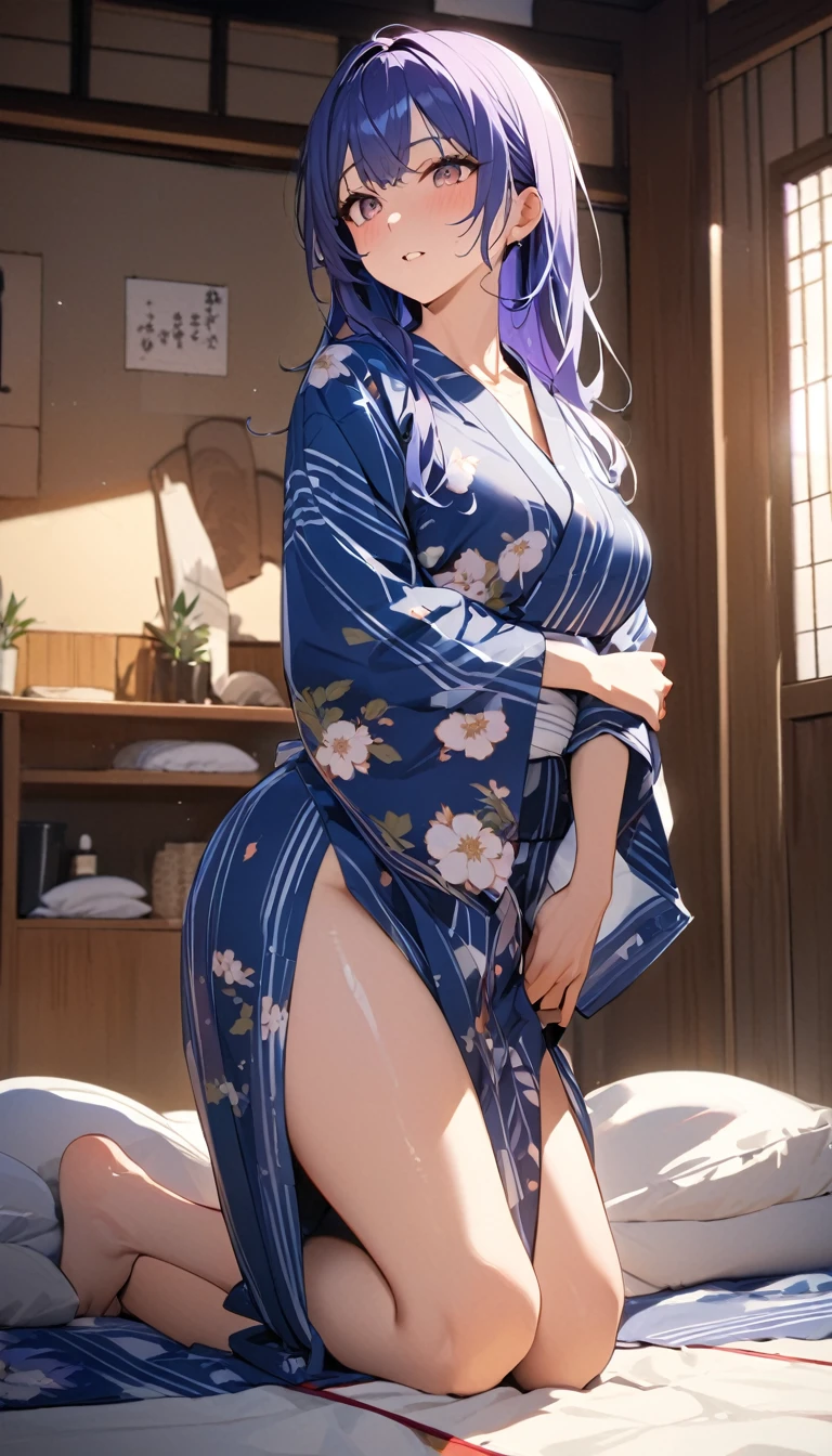 Masterpiece, Raiden Shogun, Genshin Impact, Big breasts, wide hips, thighs, Purple Hair, purple eyes, hair ornament, bedroom, purple yukata, nipples, wet, milf, horny, naughty, posing, Wet pussy, female pubic hair, masturbation, ((fingering,)), squirting, rolling eyes, orgasm