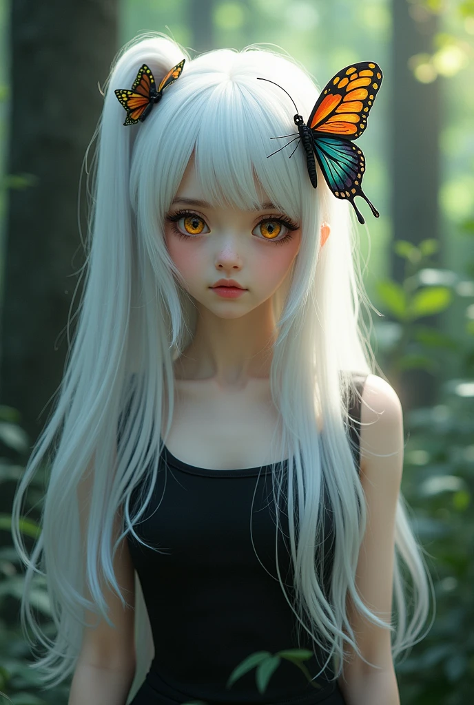 echidna, 1 girl, One, hair ornament, long hair, butterfly hair ornament, Colored eyelashes, I look at the viewer, White hair, hair between eyes, dress, tree, black dress, upper body, bait, the forest, closed mouth