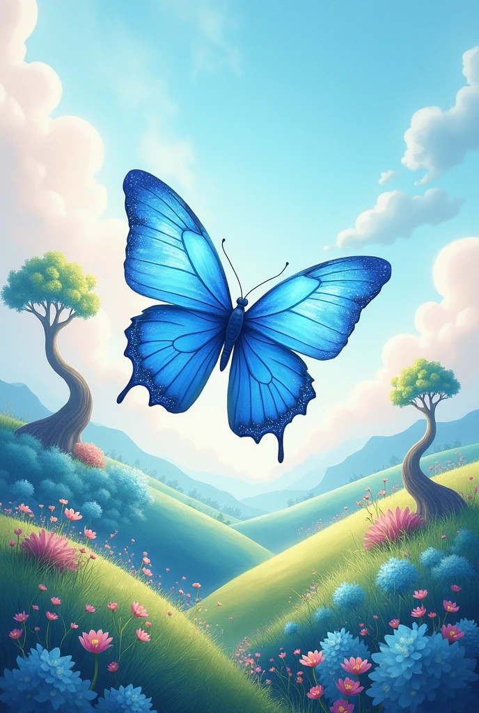 Give me an aesthetic image of a very beautiful sky blue watercolor butterfly that is shiny and sparkling flying in a beautiful, unique aesthetic landscape, unique aesthetic, unique aesthetic 