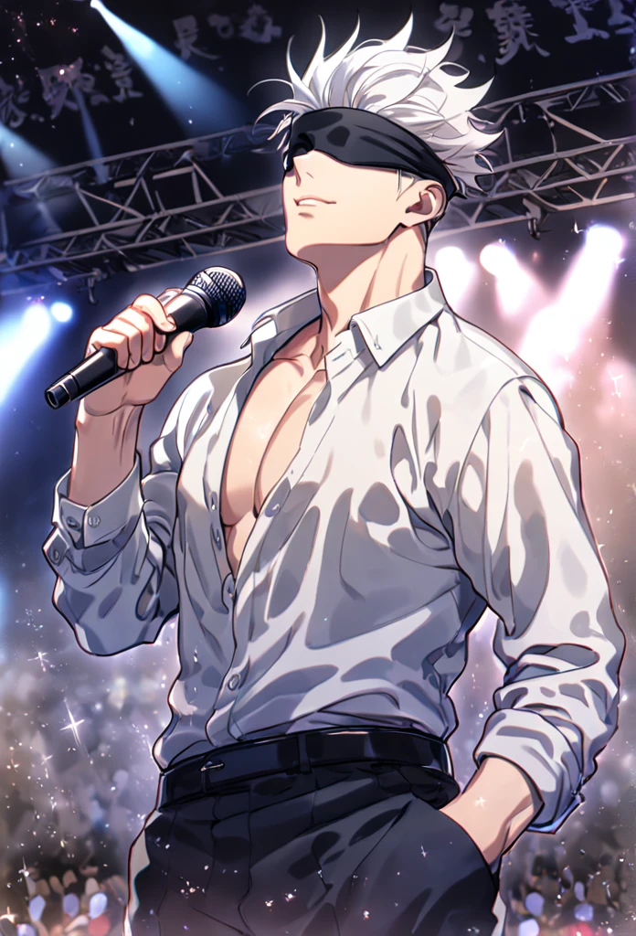 Ultra detailed, HDR, Highres, absurdres, masterpiece, best quality, solo focus, Gojou Satoru, white hair, black blindfold, covered eyes, white large shirt, black pants, Jujutsu Kaisen, sexy man, handsome, stage, concert, handsome, sensual, glittering, solo, manly man