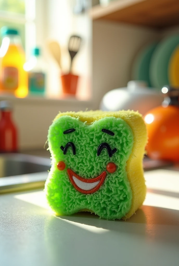 Smiling green and yellow kitchen sink sponge