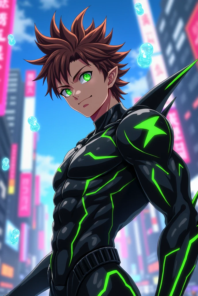 male character, brown hair and spiky upwards, greeneyes. little elf ear, black tech outfit with green details, There are two spines on each side of the forearm, He is muscular.. Anime character