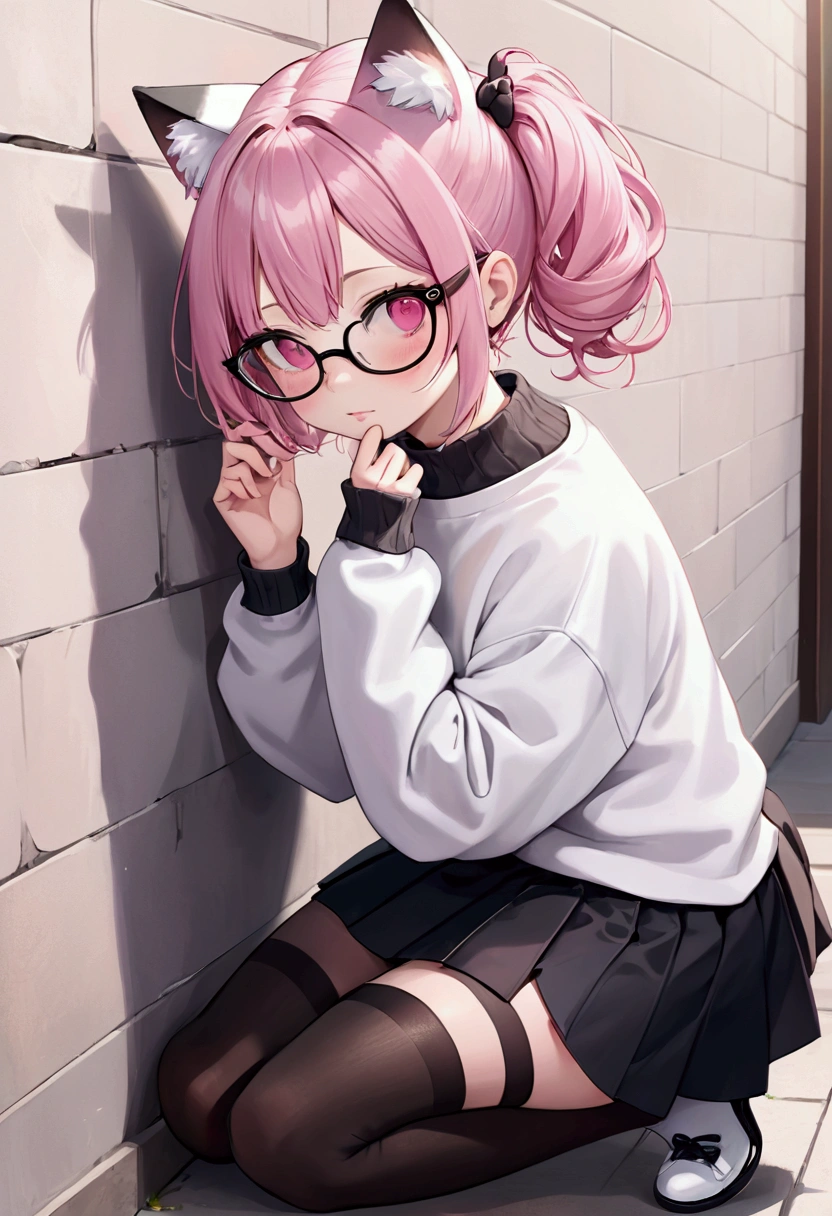 I have white pink hair, cat ears, a bun, my face is super blushing, black glasses, pink heart eyes, a big pink sweatshirt, a black skirt, black stockings, white shoes, a cat&#39;s tail, a girl. very shy that she is glued to a wall with her butt