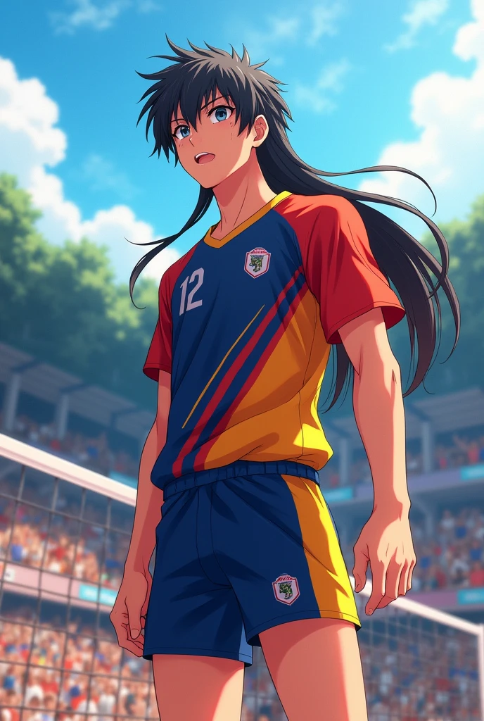 I need an anime character from the anime Kaikyū!! that is small/male with long hair, black eyes and his volleyball uniform and who is 1.90 with 18 YEARS