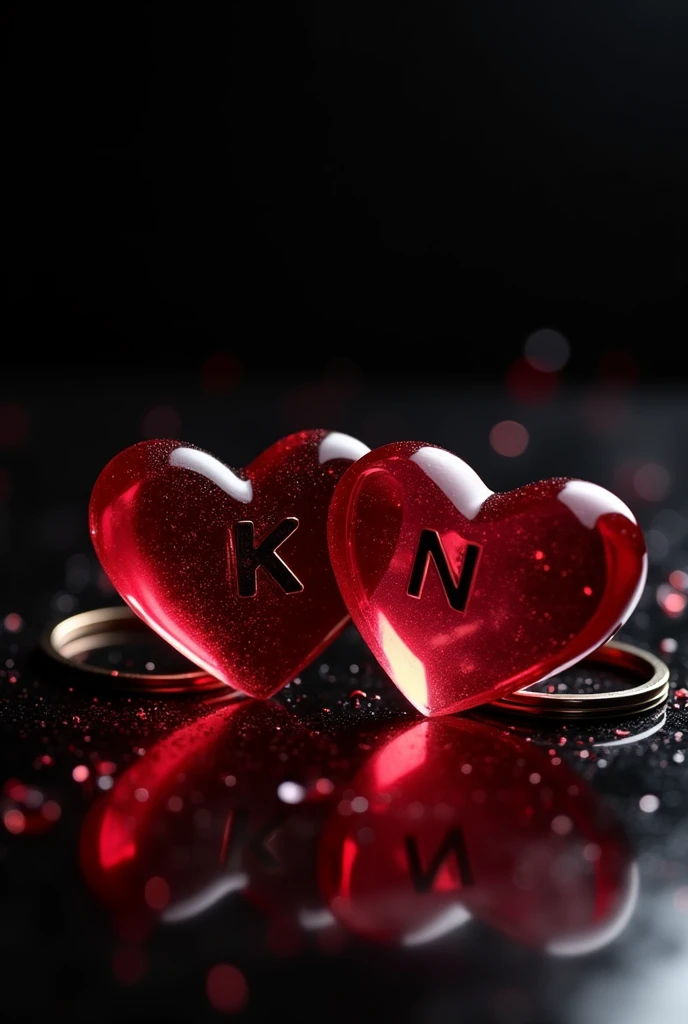 this is two beautiful transparent RED heart key ring, left heart inside written name "K" clearly, right heart inside written name "N" clearly, BLACK background and is placed on a BLACK very shining table kept