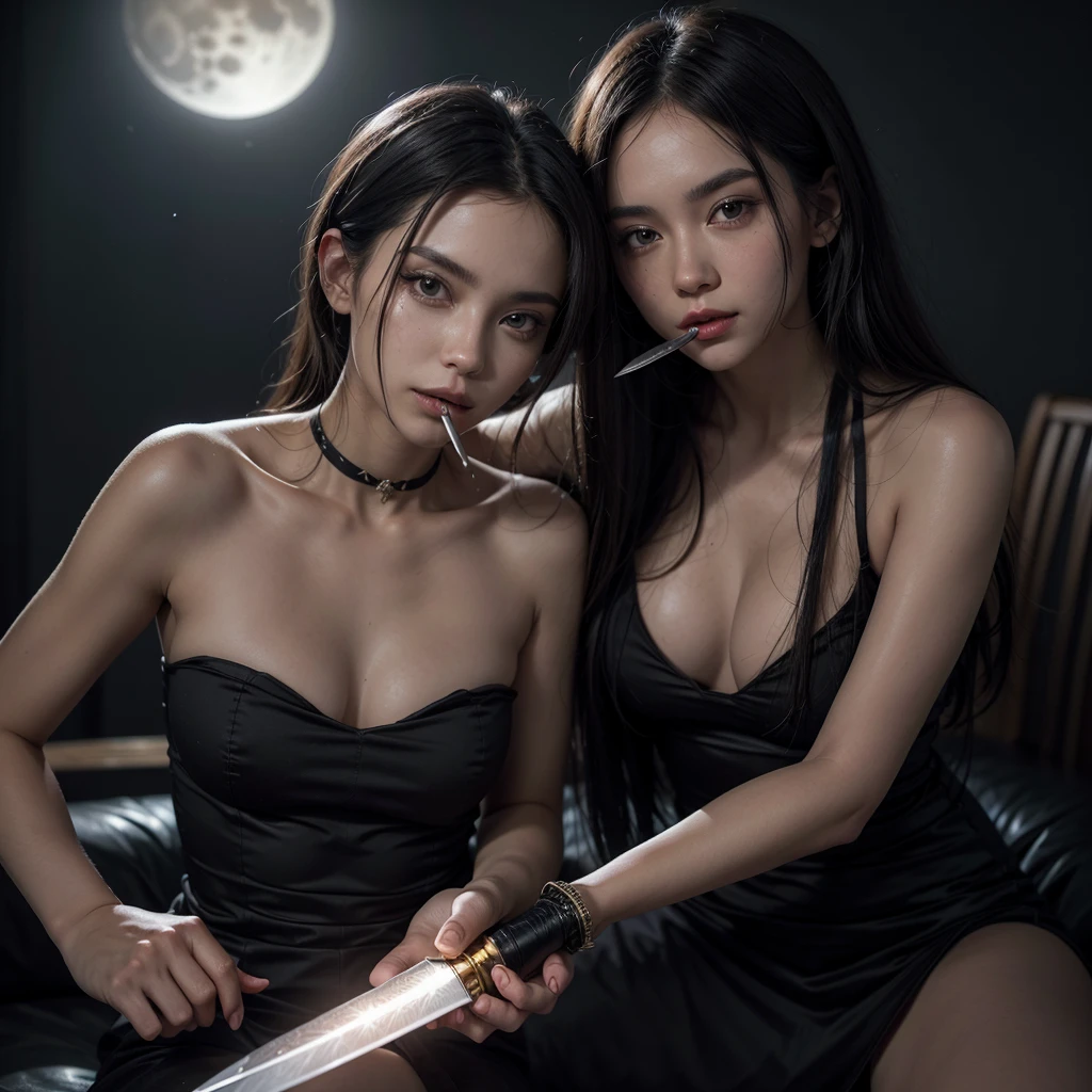 a beautiful woman, on a full moon night, holding a dagger in her mouth, and a razor in her hand