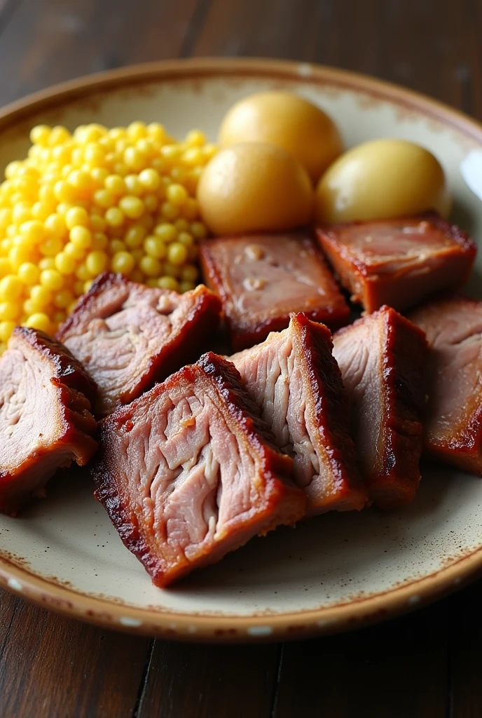 Steamed pork ribs food, cut into large squares , with their bones, without sauces on top, with white shelled corn , boiled peeled potato cut in half. Without lemon. Without any green vegetables.
All these ingredients served on the same plate
