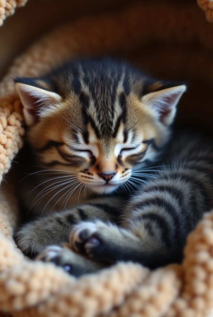 little grey and black kitten, cute cat, adorable pet, soft fur, whiskers, big eyes, tiny paws, playful kitten, sleeping kitten, curled up kitten, feline, animal portrait, (best quality,4k,8k,highres,masterpiece:1.2),ultra-detailed,(realistic,photorealistic,photo-realistic:1.37),HDR,studio lighting,extreme detail description,vibrant colors,warm lighting