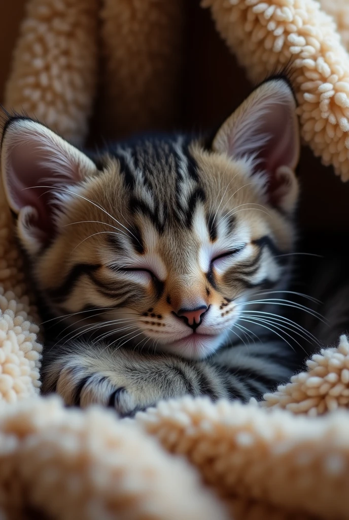 little grey and black kitten, cute cat, adorable pet, soft fur, whiskers, big eyes, tiny paws, playful kitten, sleeping kitten, curled up kitten, feline, animal portrait, (best quality,4k,8k,highres,masterpiece:1.2),ultra-detailed,(realistic,photorealistic,photo-realistic:1.37),HDR,studio lighting,extreme detail description,vibrant colors,warm lighting