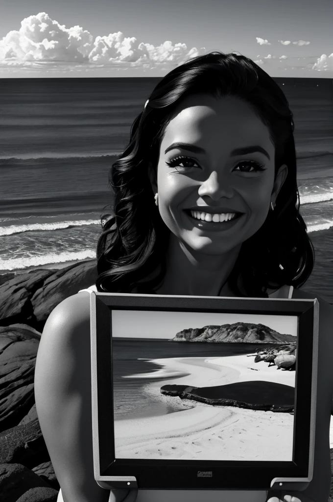 arafed woman with a black and white photo of a beach, drawn with photoshop, potrait, digital art!!, black and white filter, in the beach, by Emerson Silva, wideangle portrait, black and white picture, at a beach, edited in photoshop, grainy black and white photo, on beach, grainy black-and-white photo, 8k