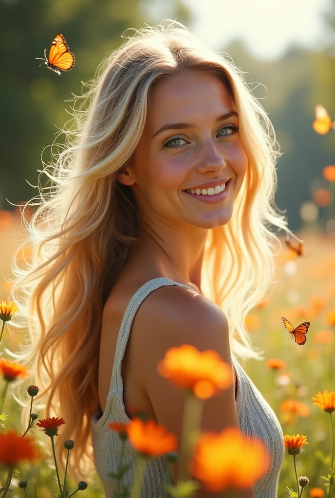 Generate an image of a beautiful blonde girl who is smiling