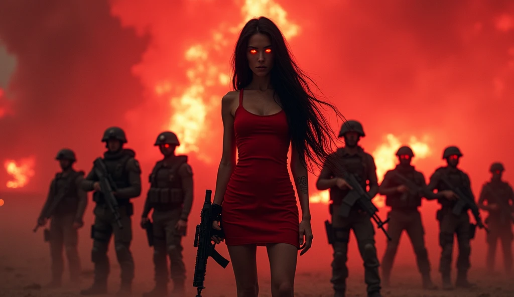 short  in red dress with tall black hair is controlling replica operatives wearing tactical gear holding assault rifles. Her eyes glow red and the sky is chaotic red.