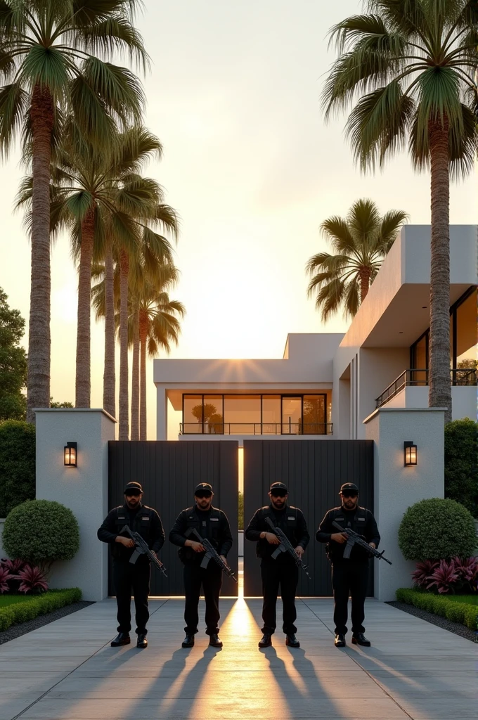 (photorealism:1.2), beautiful big Estate with lots of modern building, huge gate, 4 security Men holding an ak47 rifle, palm trees, soft lighting, plants in background, 4 armed guards on patrol

Black Security men