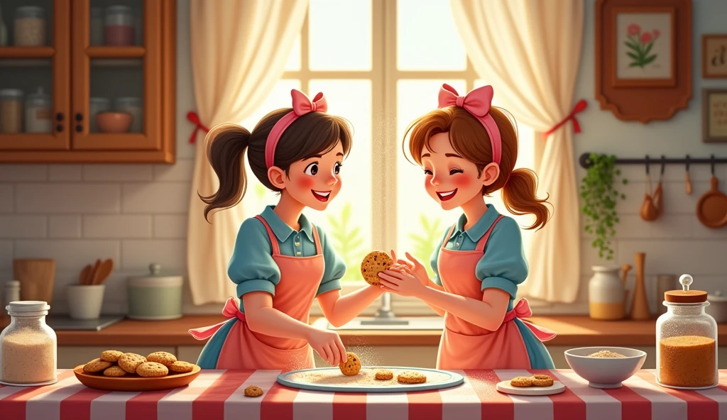 A cozy kitchen scene with two young cartoon maids baking cookies, the room filled with the aroma of freshly baked goods, flour dusted on their aprons, and a warm, inviting atmosphere."